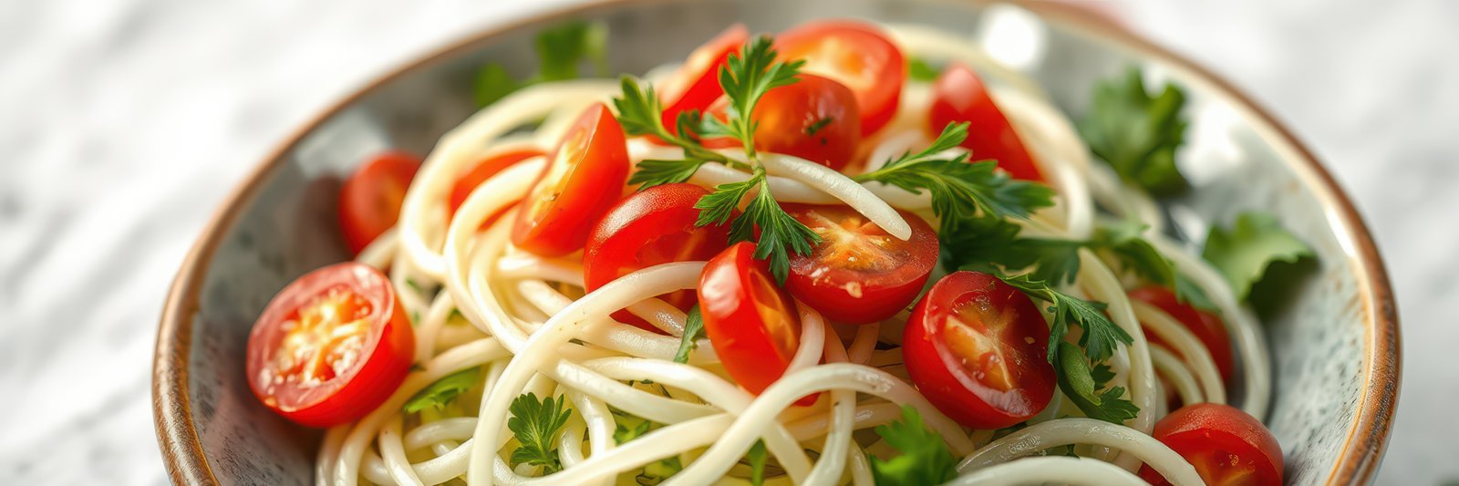 Delicious spaghetti topped with fresh cherry tomatoes and parsley in a decorative bowl